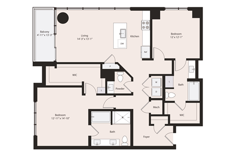 Floor plan for 2 beds, 2.5 baths, 1398 sqft